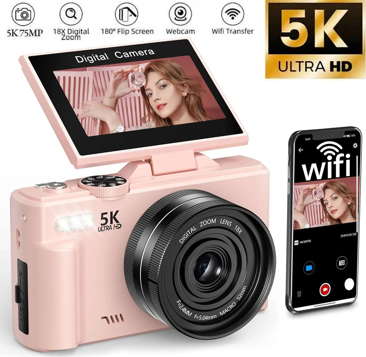 5K 75MP Digital Camera Travel Camera Built in Flash 180°Flip Screen for Photography 18X Digital Zoom Vintage Vlog Video Recorder