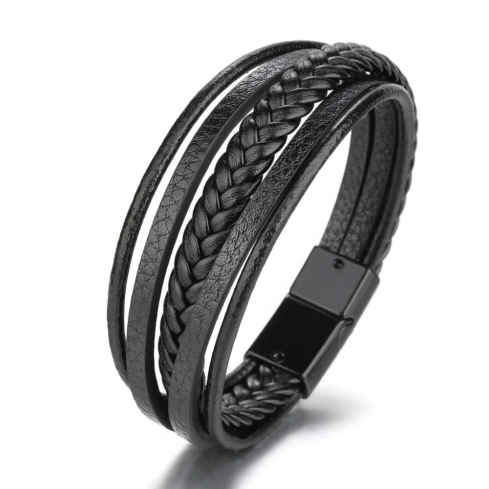 Trendy Leather Bracelets For Men Stainless Steel Bracelet 21CM Multilayer
