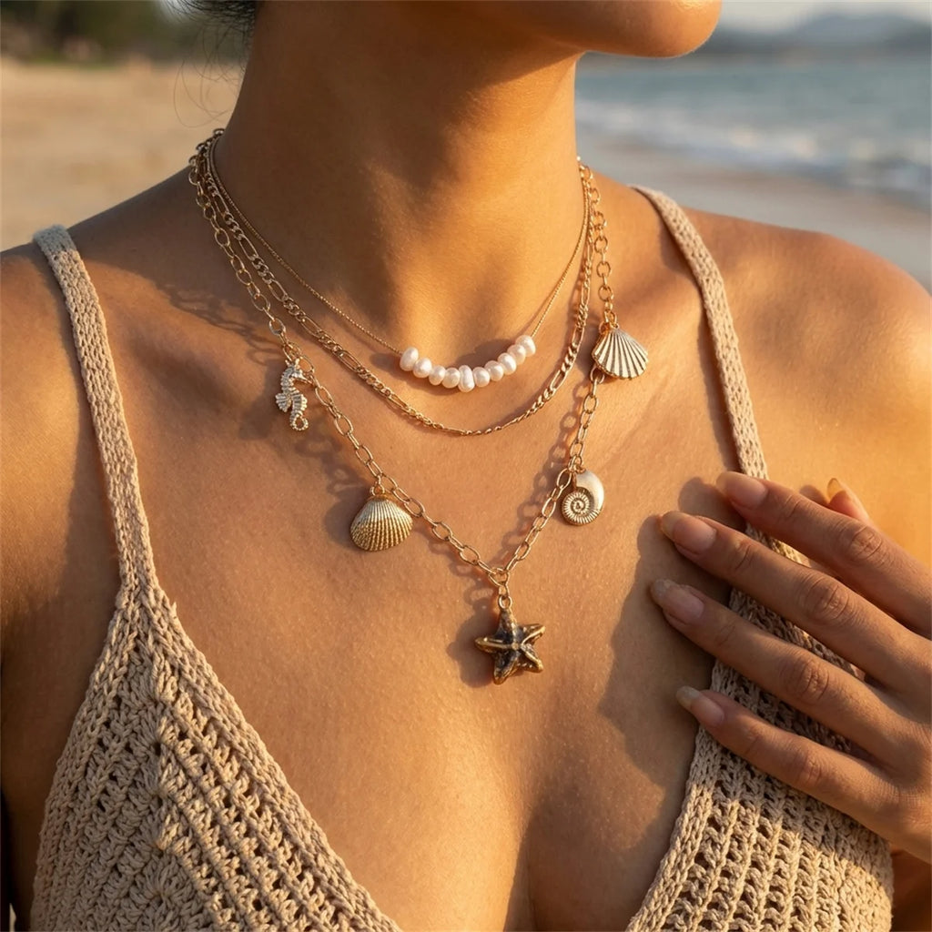 Bohemian Starfish Shell Pendant Necklace For Women Trendy Summer Beach Pearl Chain OT Buckle Choker Girls Travel Party Jewelry
