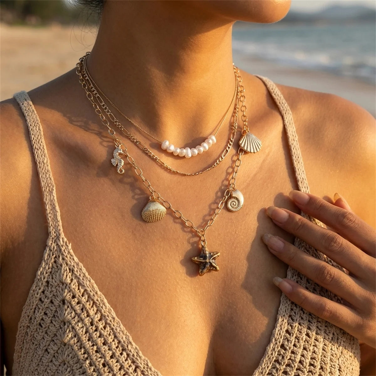 Bohemian Starfish Shell Pendant Necklace For Women Trendy Summer Beach Pearl Chain OT Buckle Choker Girls Travel Party Jewelry