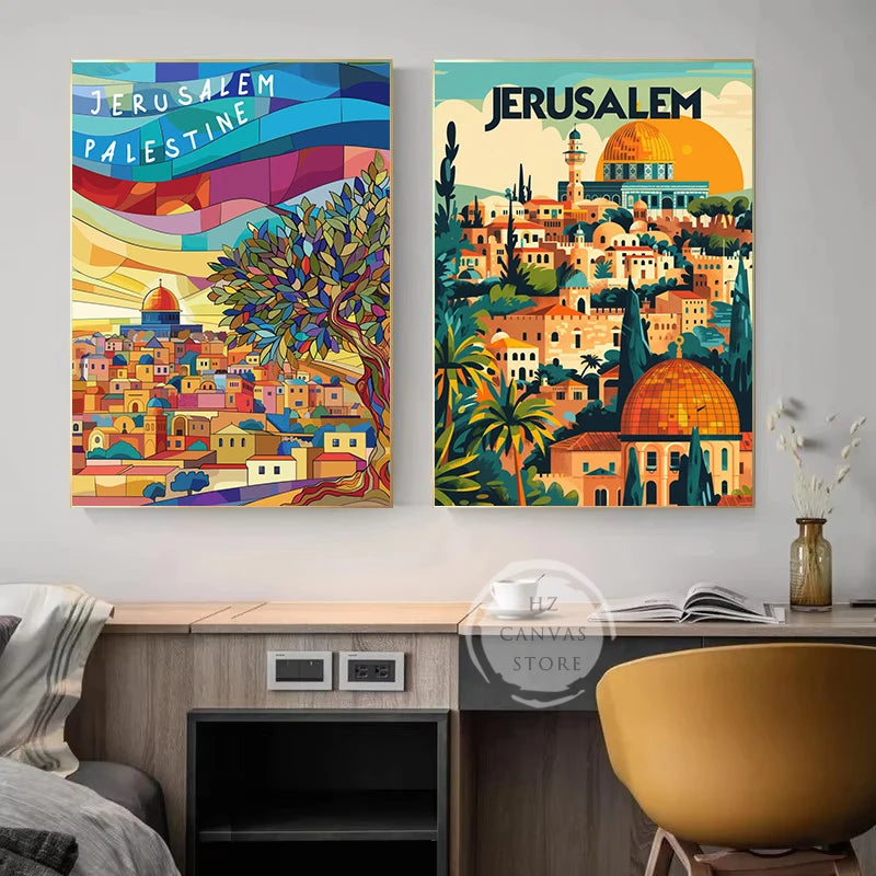 Jerusalem Palestine Travel Poster Religious Shrines Mosque Prints Canvas Painting Wall Art Pictures for Living Room Home Decor