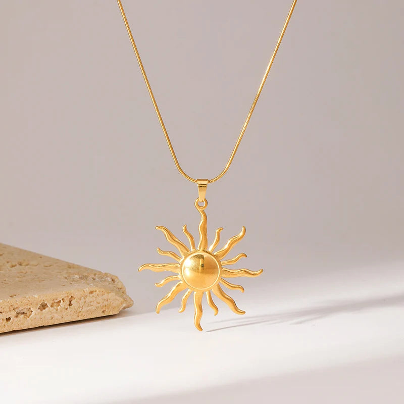 GANEMLY 316l Stainless Steel Metallic Gold Color Sun Pendant Necklace Women Chic Romantic Waterproof Neck Chain Jewelry Gift