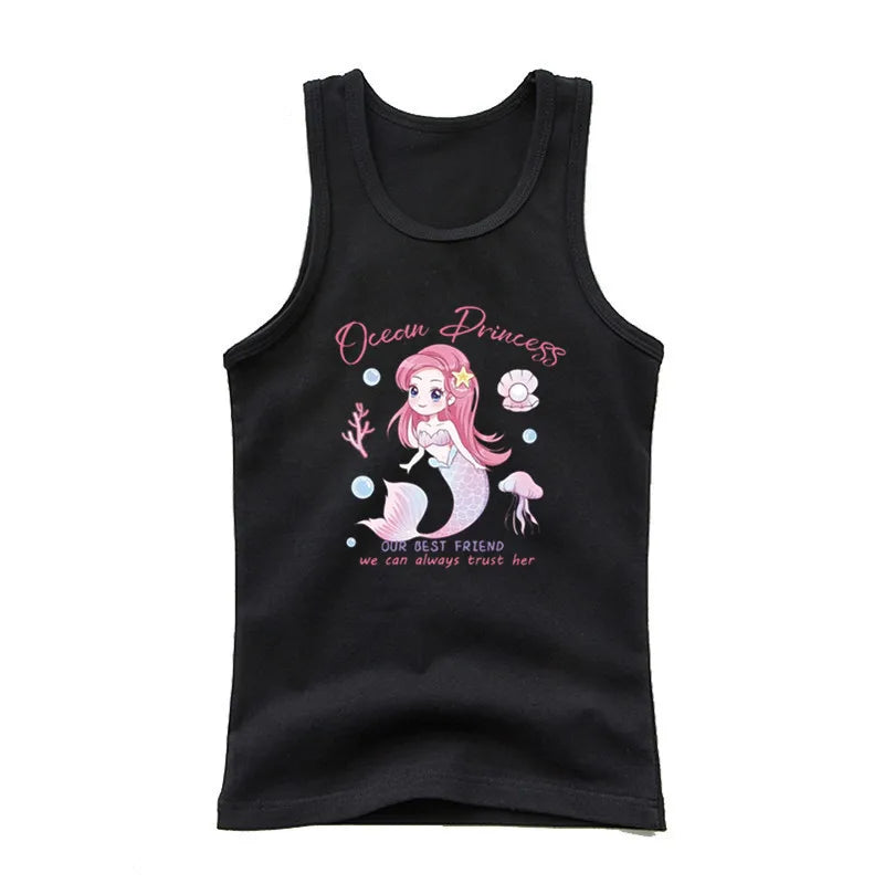 Girls Kawaii Ocean Princess Tanks Kids Sleeveless O-Neck Summer T-Shirt New Catoon Vest Top for Toddler Kids