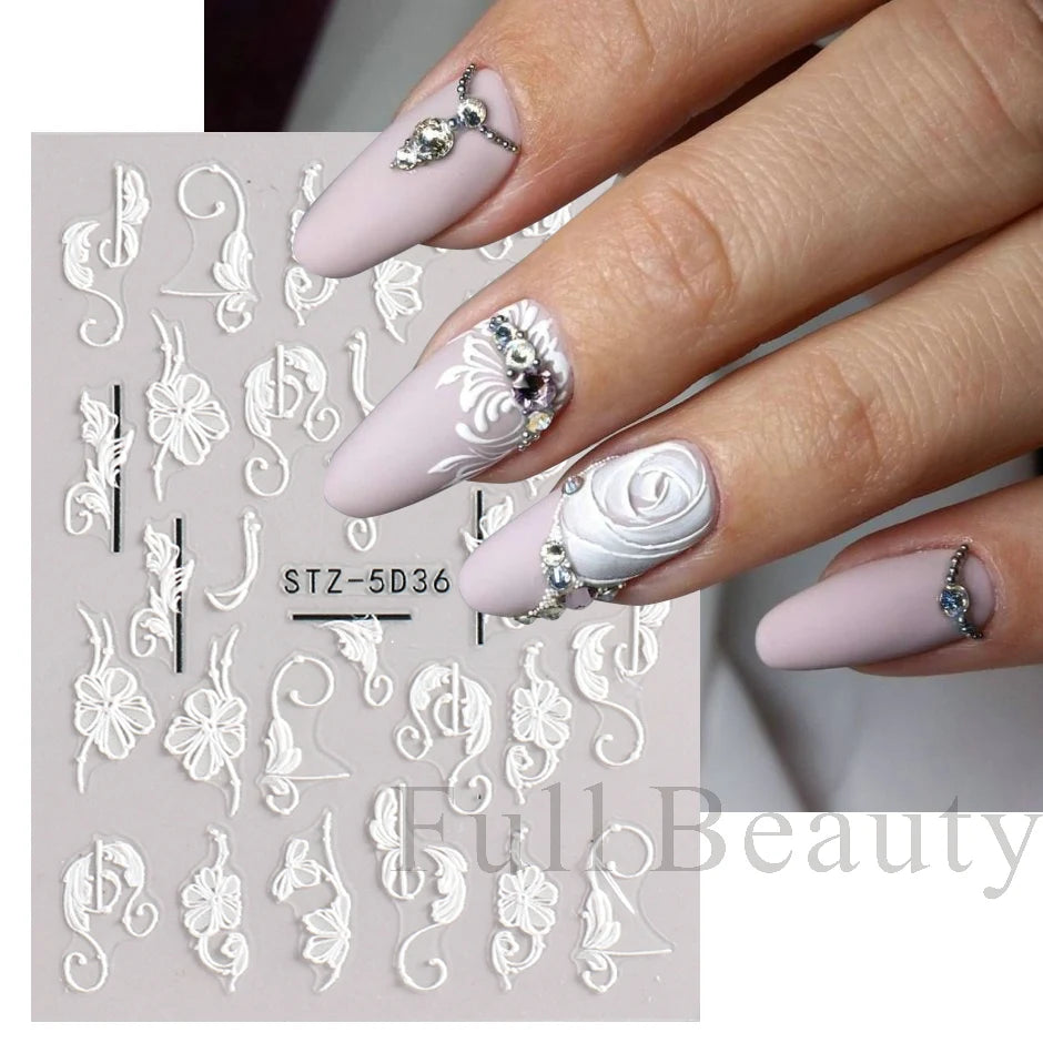 5D Simple Flowers Nail Embossed Stickers Elegant Wedding Design Adhesive Sliders Floral Textured Engraved Decoration Supplies