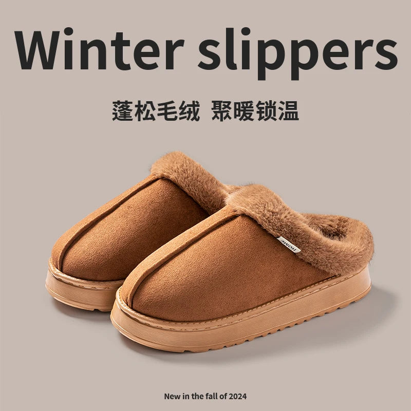 New Fluffy Men's Slippers Winter with Thick Sole
