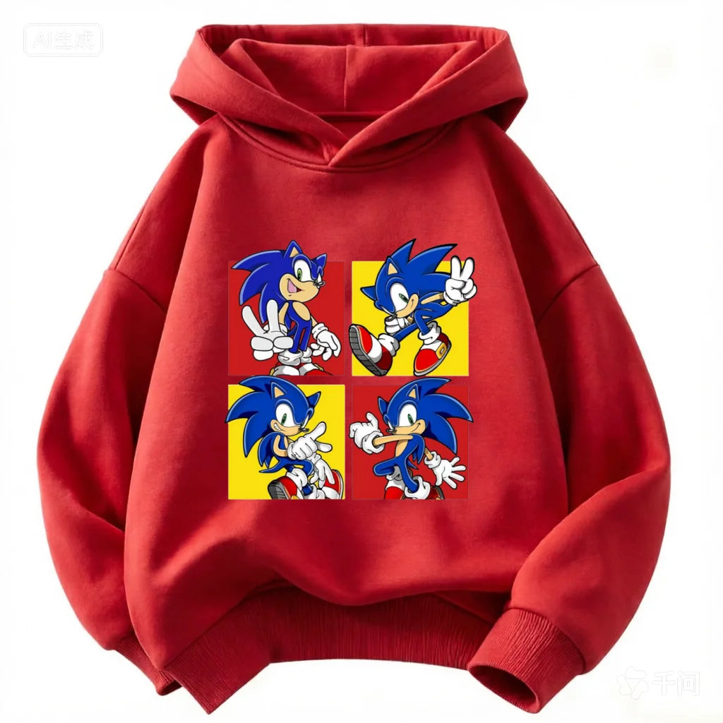 2026 Kids Thick Hoodie with Cute Sonic Anime Pattern