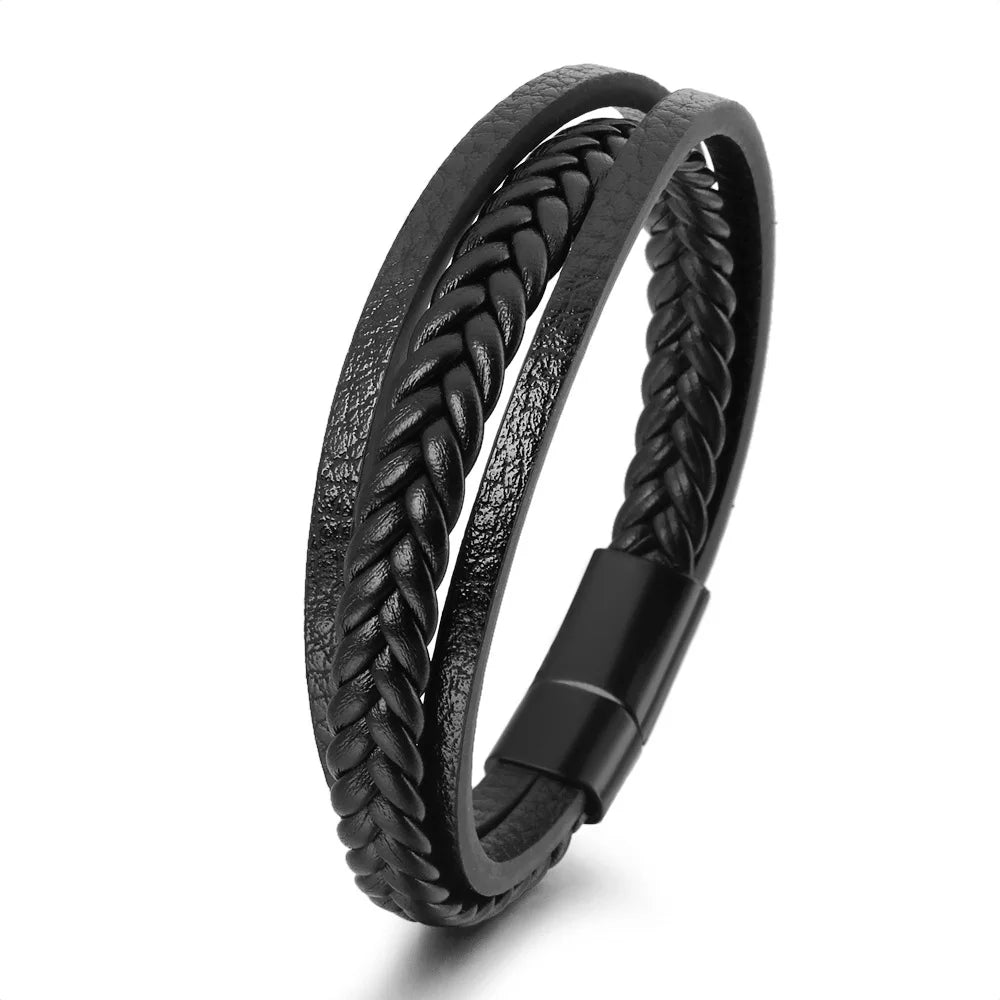 Trendy Leather Bracelets For Men Stainless Steel Bracelet 21CM Multilayer
