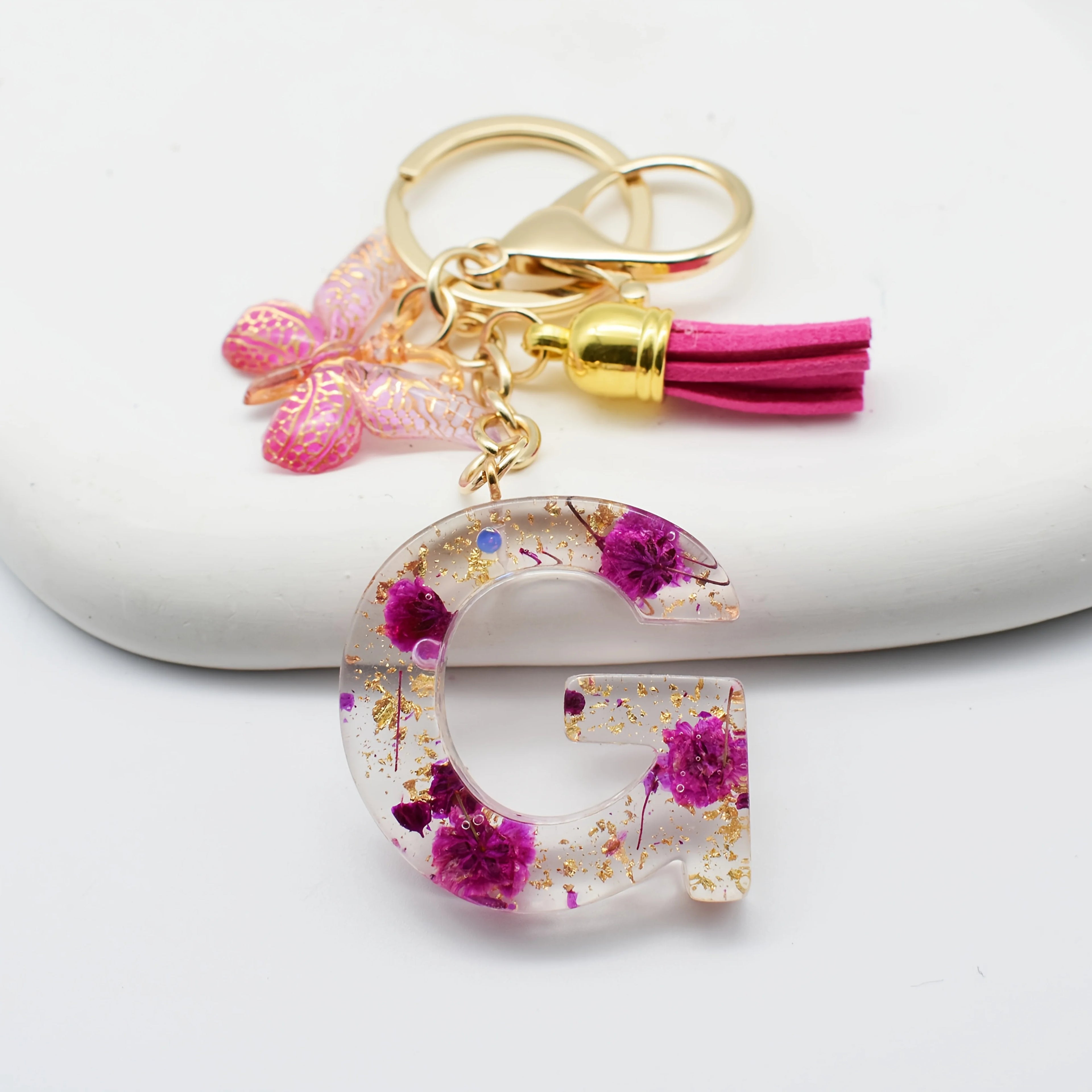 1PC Fashion Easter Alphabet Keychain - Dried Flower Resin Charm, A-Z Initial Pendant Butterfly Tassel, Non-Woven ABS Gift