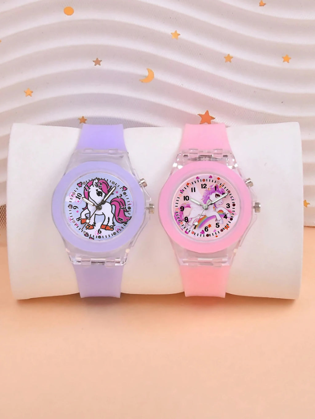 Fashionable Silicone Glow Watch And Beaded Bracelet Set with Unicorn Design for Daily And Birthday Gifts (No Box Included)