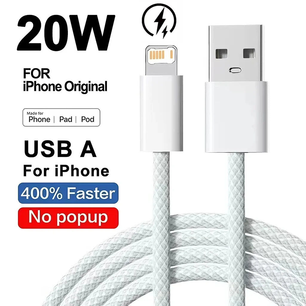 20W Braided Fast Charging USB Cable For iPhone X XR XS 6 6S 7 8 Plus 11 12 Mini 13 14 Pro Max