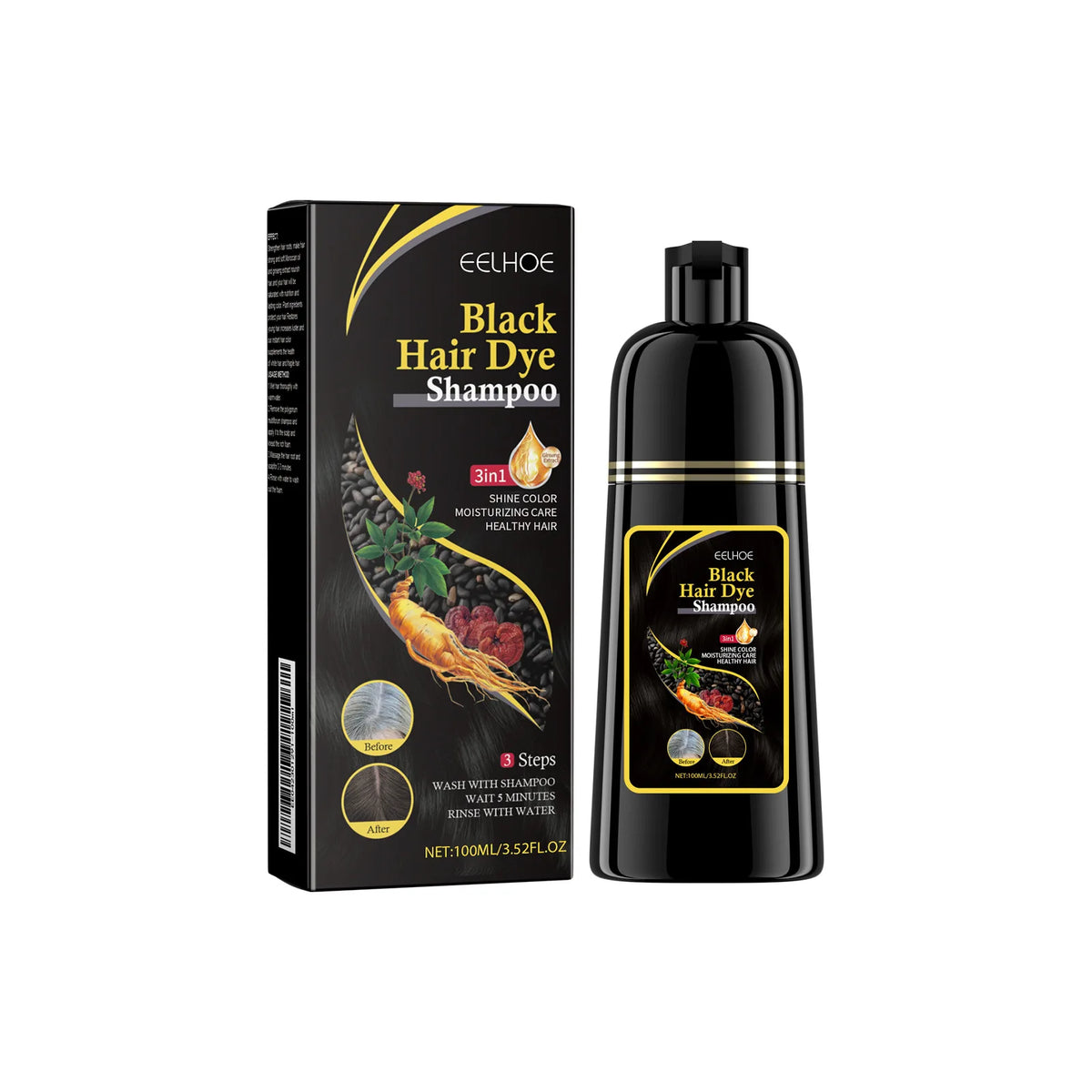 EELHOE Black Hair Dye Shampoo 3 in 1 Growth Clean Hair Darkening Deep Nourishing