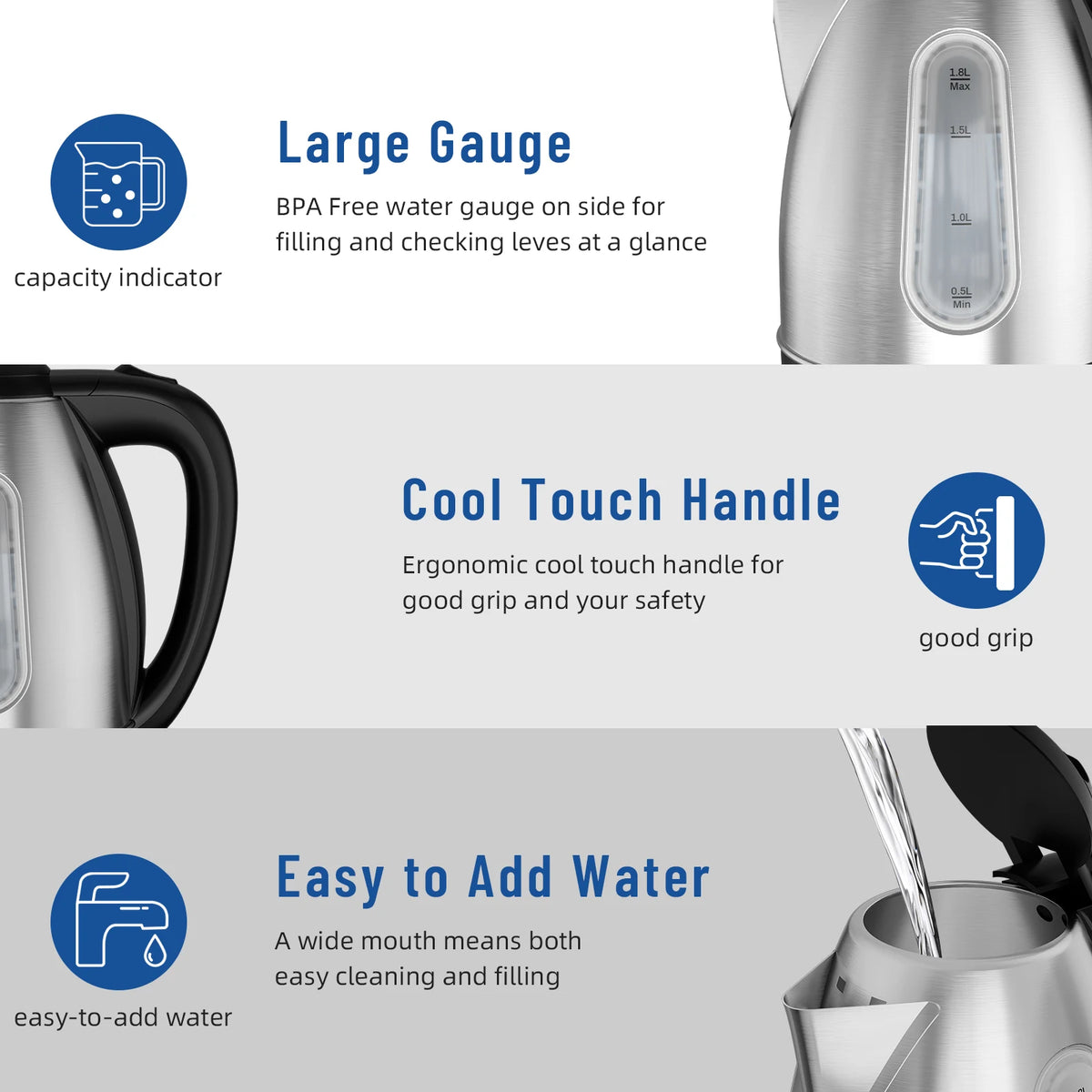 1.8L Stainless Steel Electric Kettle with Water Level Window,