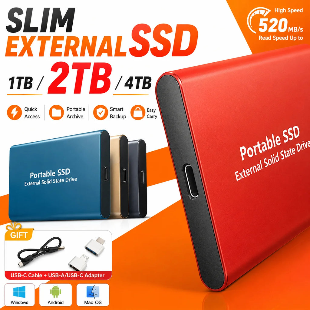 1TB 2TB Shockproof Portable External Hard Drive USB3.2 Type-C SSD