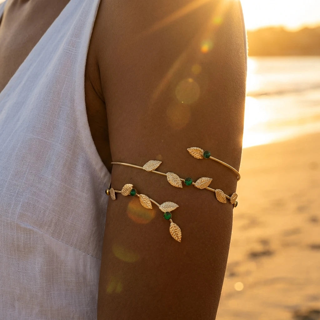 Boho Gold Color Leaf Upper Arm Cuff Bracelet for Women