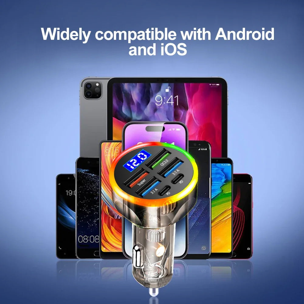 200W Car Charger QC3.0 Type-C Quick Charge Transparent Case PD