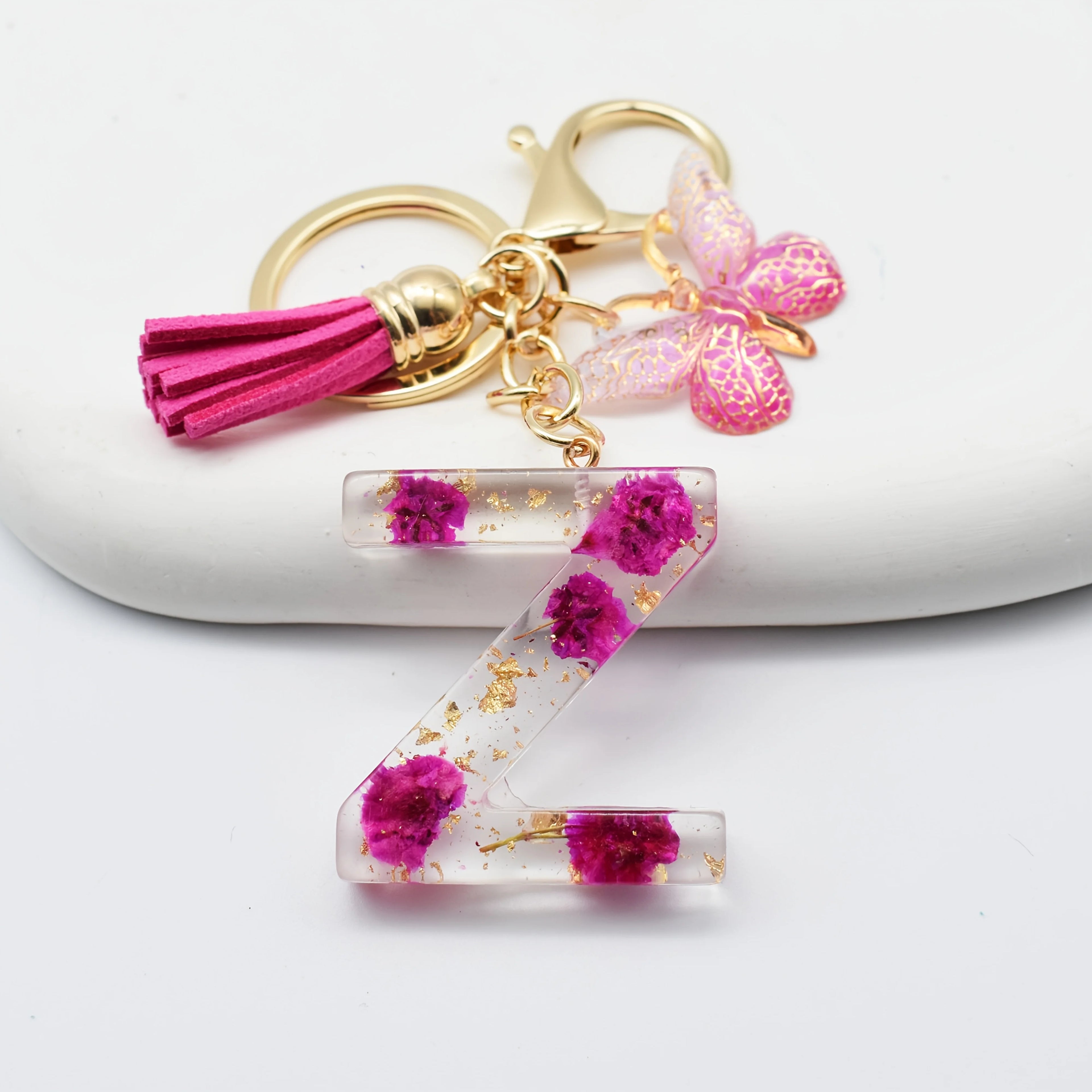 1PC Fashion Easter Alphabet Keychain - Dried Flower Resin Charm, A-Z Initial Pendant Butterfly Tassel, Non-Woven ABS Gift