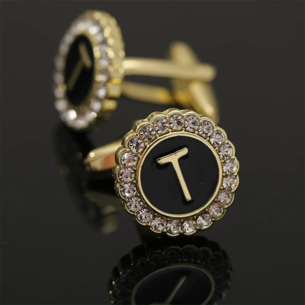 26 Initial Capital Letter A-Z Mens Cufflinks Galaxy Golden Color Gear Shape Crystal Cuff Links Formal Shirt Suit Jewelry Gift