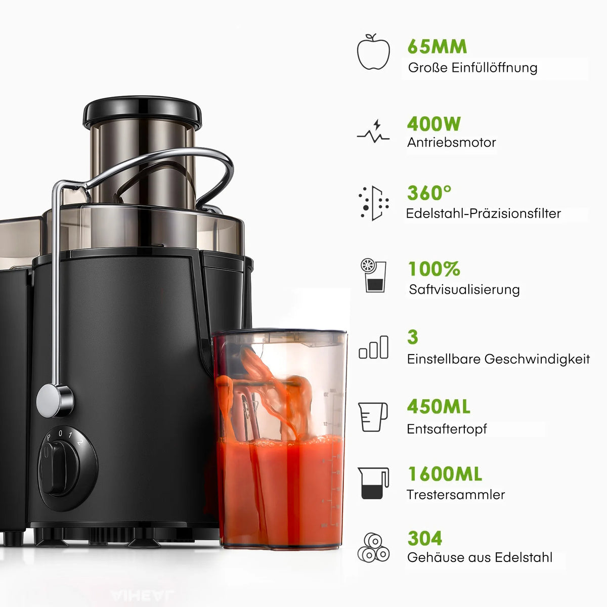 Electric Juicer 400W Max Centrifugal Juicer Machine, 65mm Wide Feed Chute,