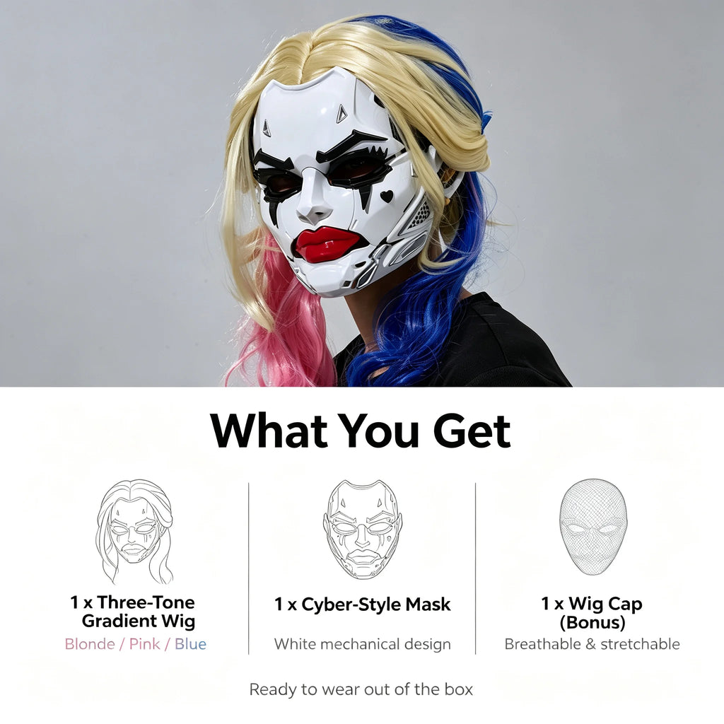 Three-Tone Gradient Cosplay Wig with Cyberpunk Mask