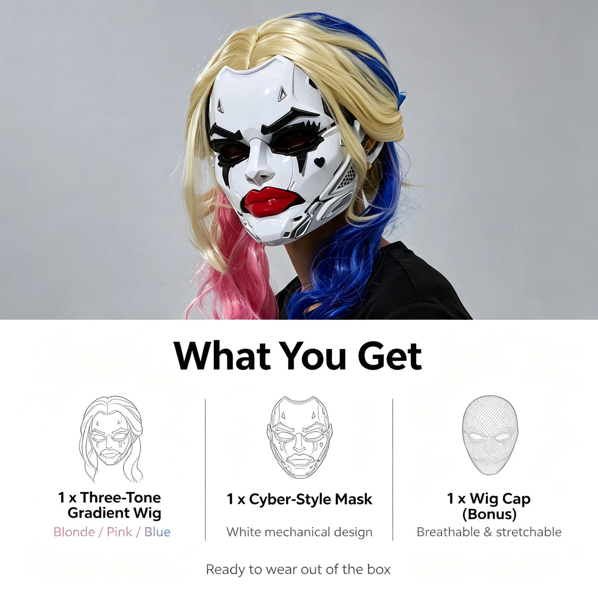 Three-Tone Gradient Cosplay Wig with Cyberpunk Mask