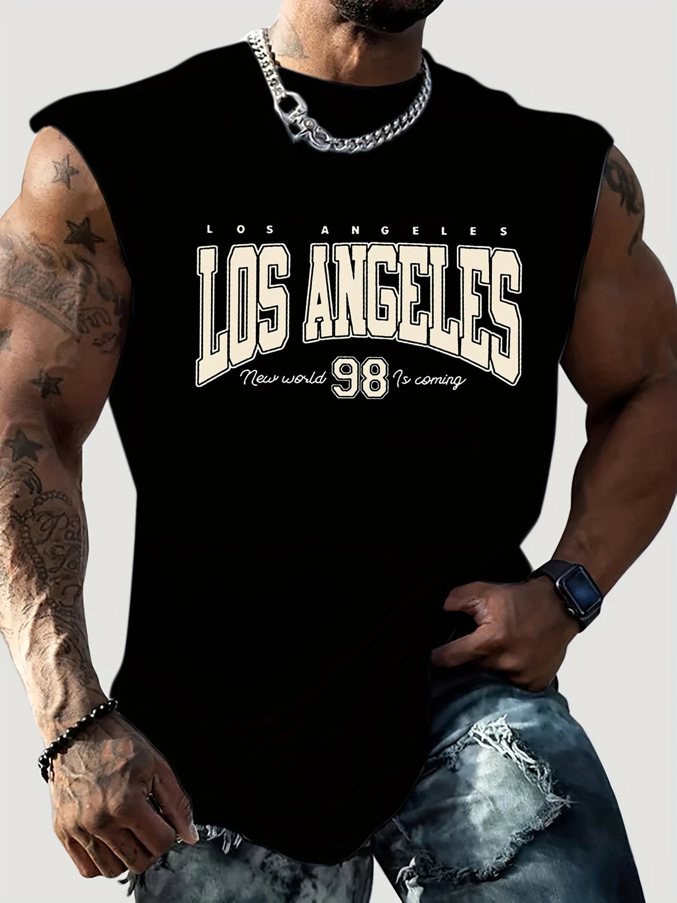 Men's Summer Leisure Sports Fitness Loose Los Angeles 98 Printed Comfortable Breathable Round Neck Sleeveless Tank Top