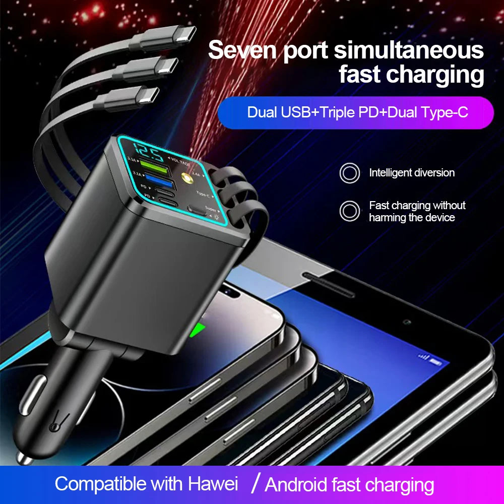 5 In 1 Car Charger 66W Max with Retractable Cable PD30W+2.4A Voltage Display Super Fast Charging 22.5W for iPhone & Android