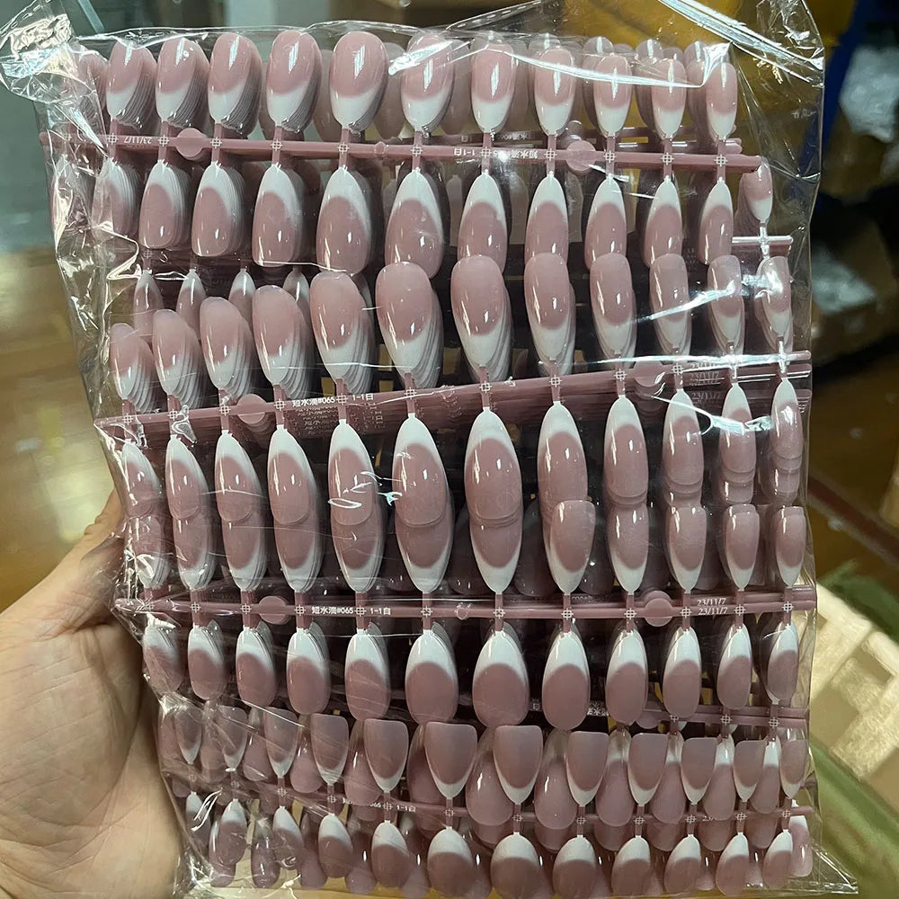 120Pcs Glossy Medium Coffin Press On Nails Pink Gradient French Fake Nails Acrylic Full Cover Ballerina False Nails For Women
