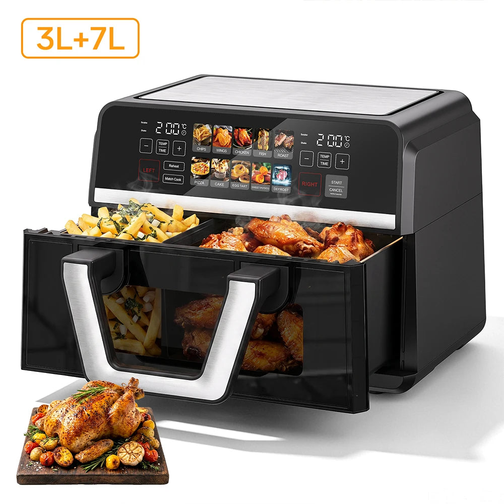 10L Dual Basket Air Fryer Oven, XXL Large Non-fat Fryer Removable Divider, Digital Control