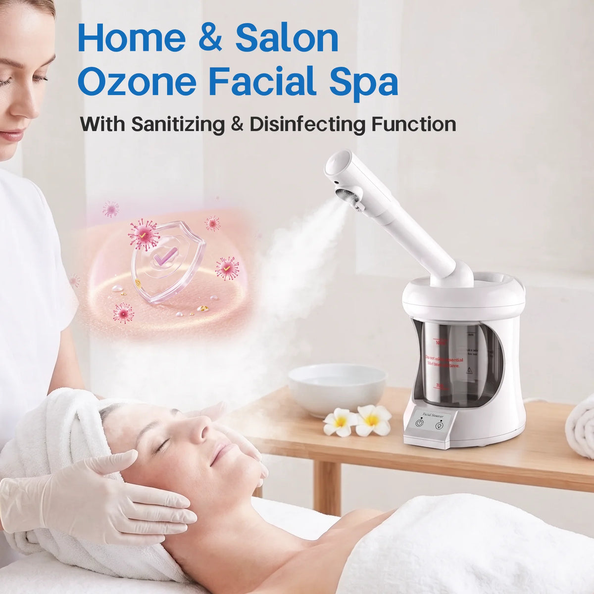 Ozone Nano Ionic Facial Steamer, 360° Rotatable Telescopic Arm Hot Mist Face Spa Machine