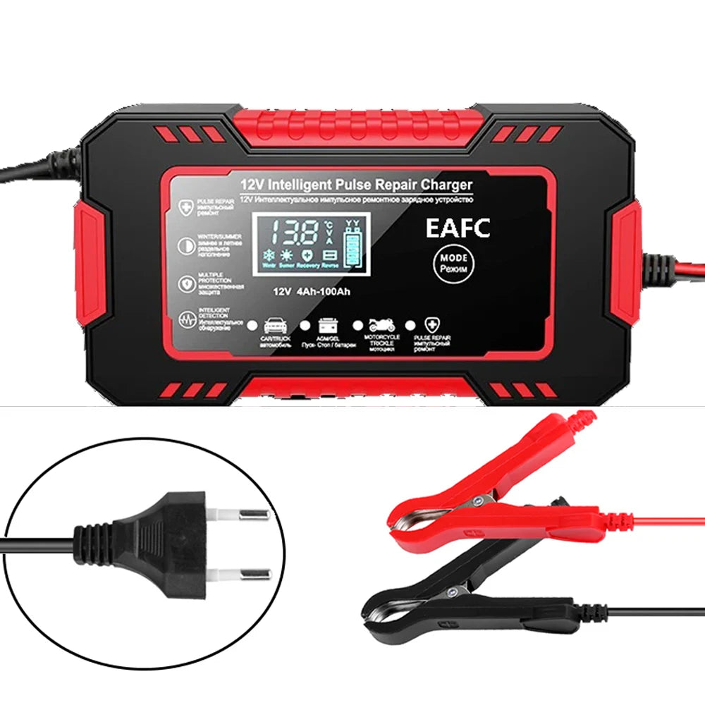 12V 6A Pulse Repair Smart Charger - LCD Display Fast Charge for AGM/GEL/Lead-