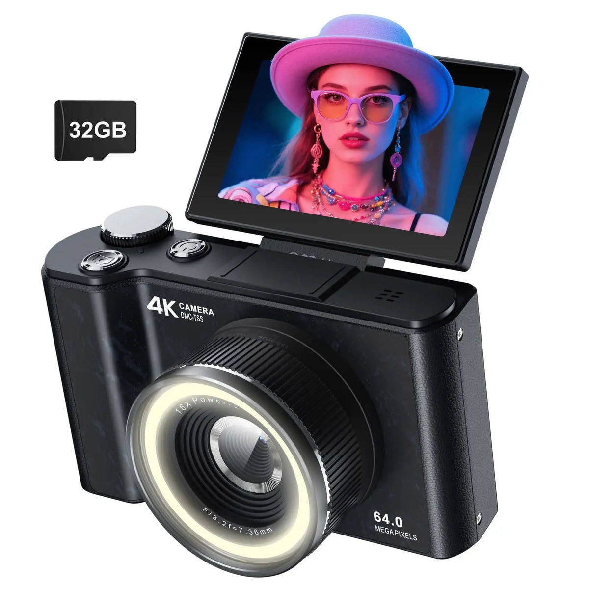 4K Digital Camera for Photography,4k Camera with Ring Light，180°