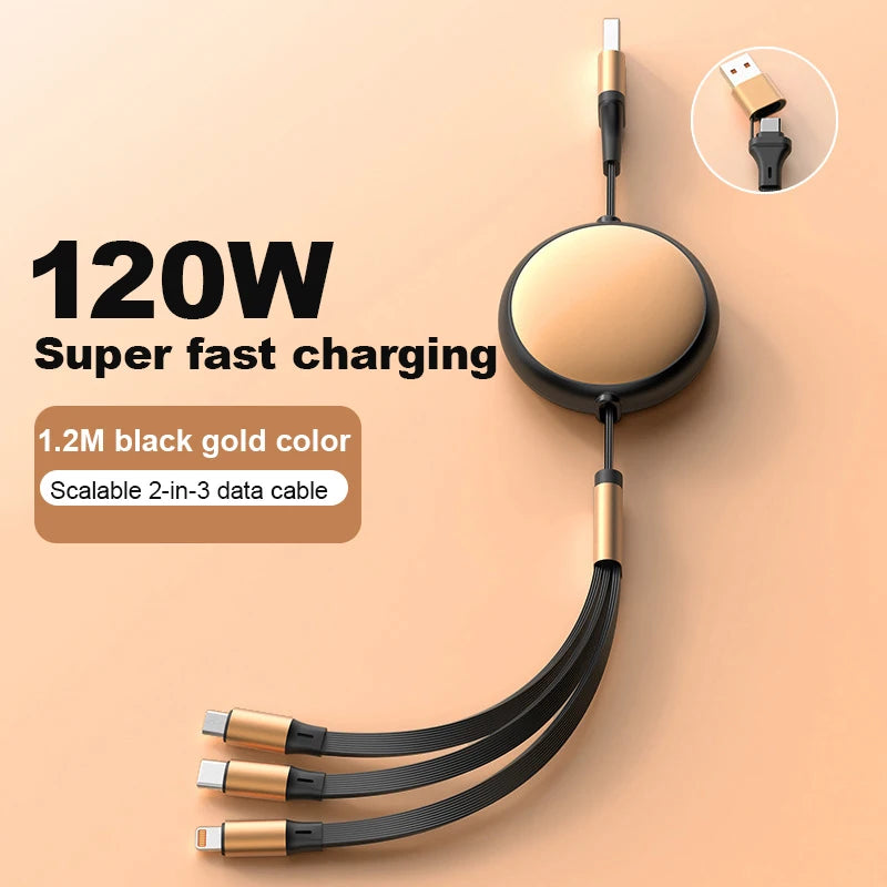 5A 120W 3 in 2 Fast USB C Cable for Huawei/Honor iPhone Samsung