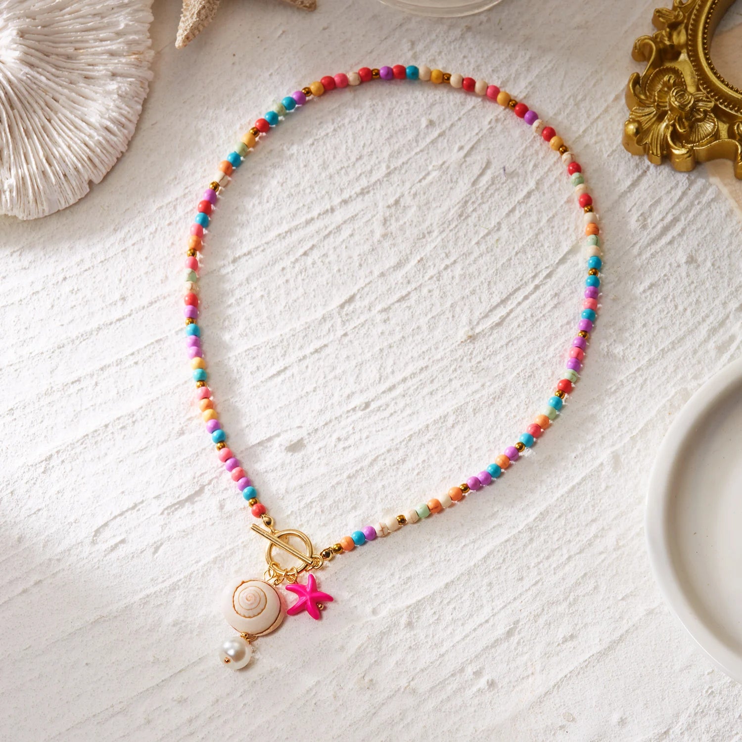 Bohemian Starfish Conch Pendant Necklace with OT Buckle Colorful Rice Beads Ceramic Fish Choker Necklace Beach Vacation Jewelry