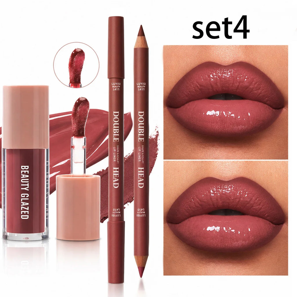 2pcs/Set Lip Makeup Set,1pc Matte Dual-Color Lip Liner+1pc Moisturizing Lip Gloss