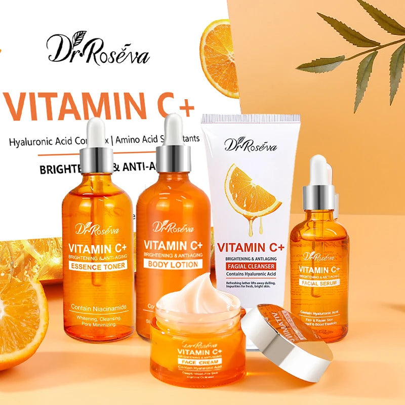 Vitamin C Moisturizing Brightening Skin Tone Skincare Set: Facial Serum & Cream & Cleaner,Essence Toner,Hydrating Body Lotion