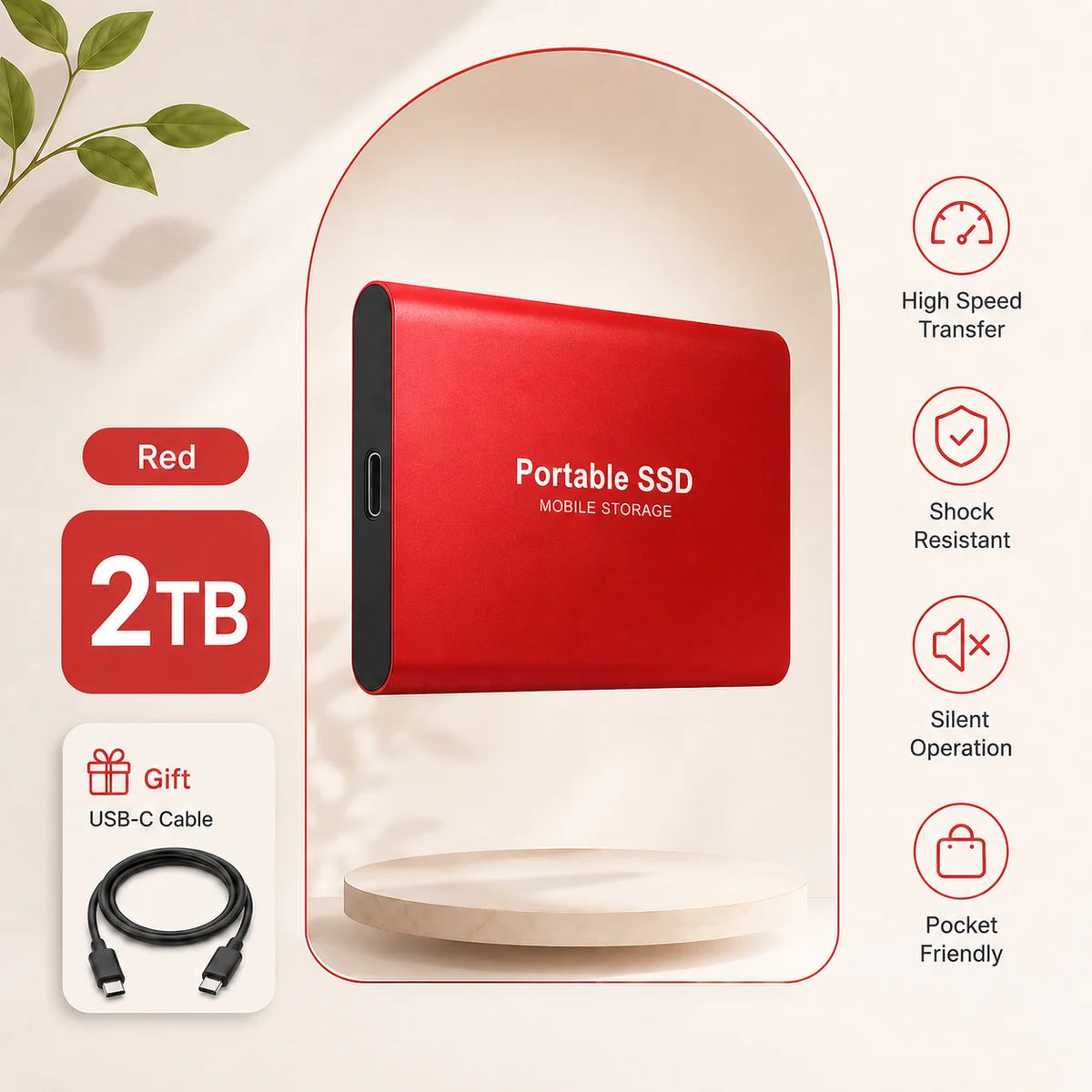1TB 2TB Shockproof Portable External Hard Drive USB3.2 Type-C SSD