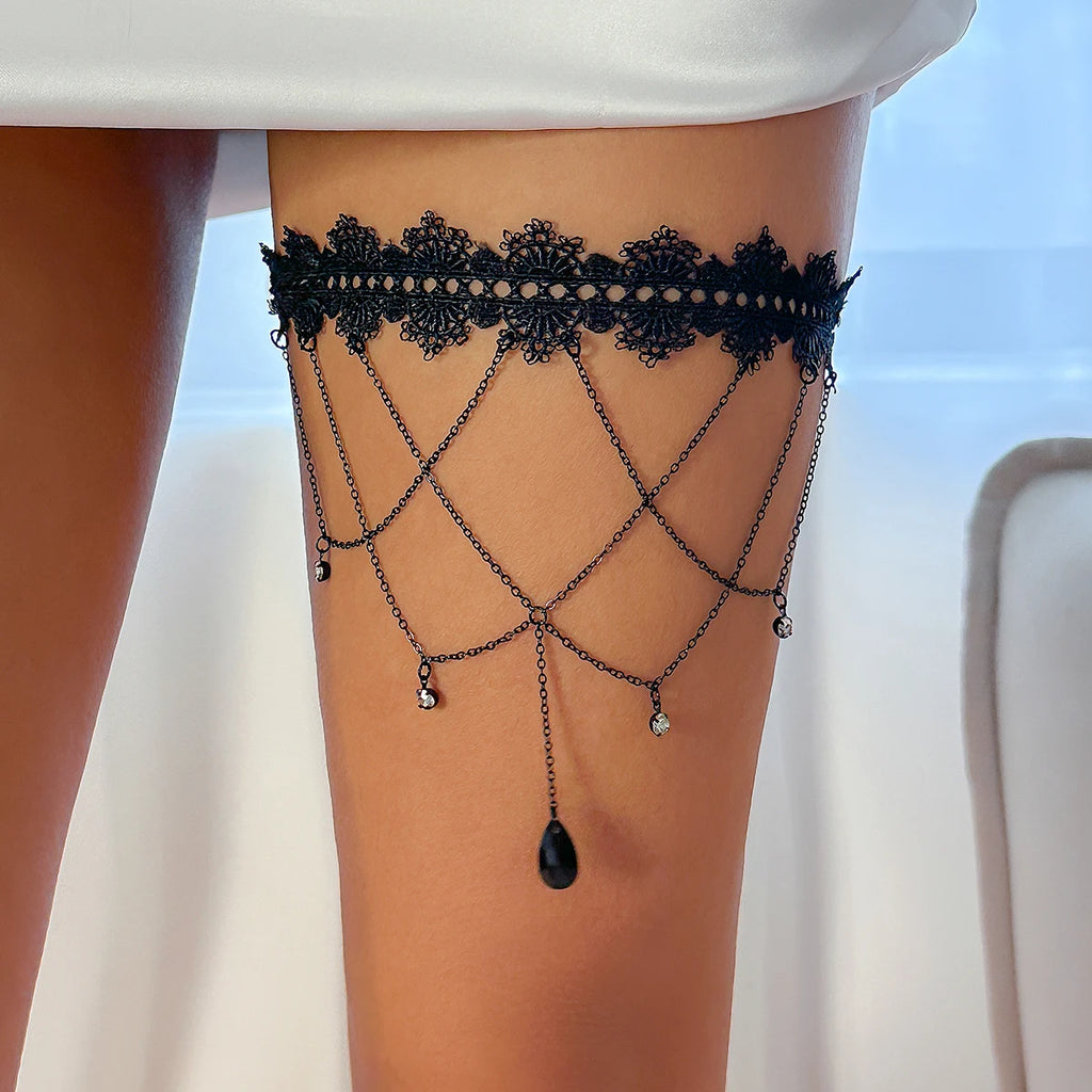 Salircon Gothic Black Lace Elastic Thigh Chain Punk Metal Tassel Water Drop