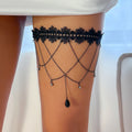 Salircon Gothic Black Lace Elastic Thigh Chain Punk Metal Tassel Water Drop