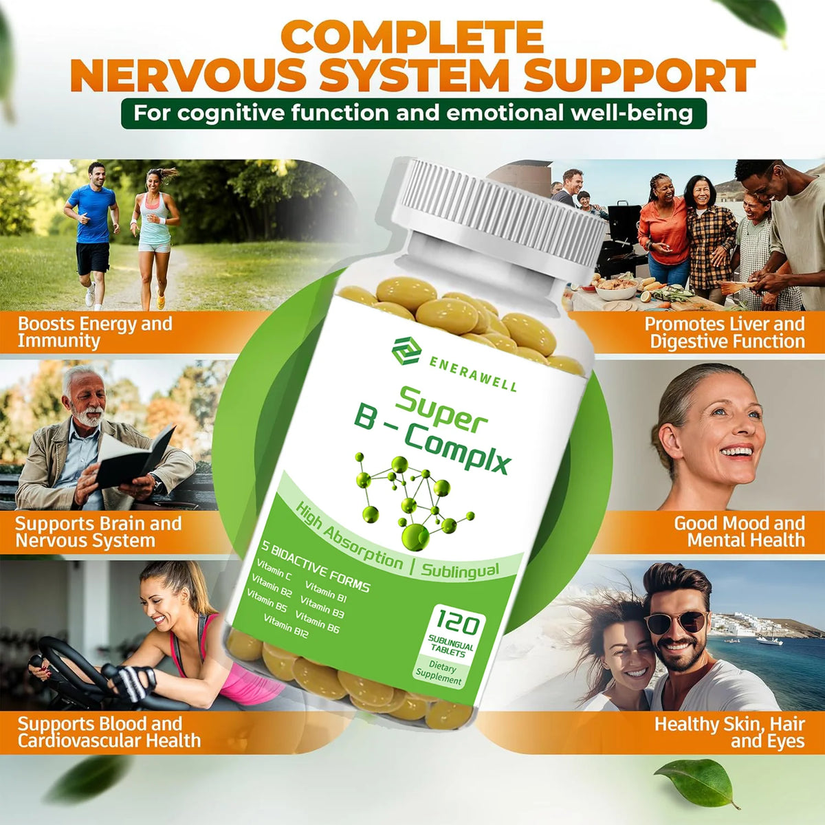 Vitamin B Complex for Energy, Brain & Heart Support - with B1, B2, B3, B5, B6, B12 with Vitamin C, Choline, Inositol