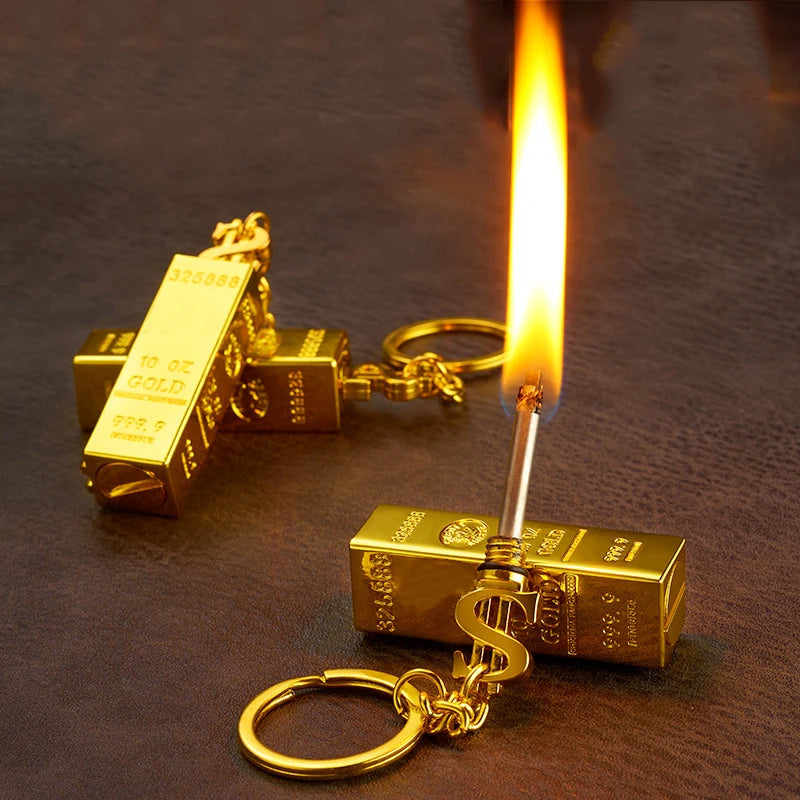 Creative Golden Bar Perpetual Match Lighter Keychain Reusable Flint Metal Matchbox Portable EDC Survival Tool with Gold Ingot Design and Dollar Sign Charm Gift for Men (Fuel Not Included)