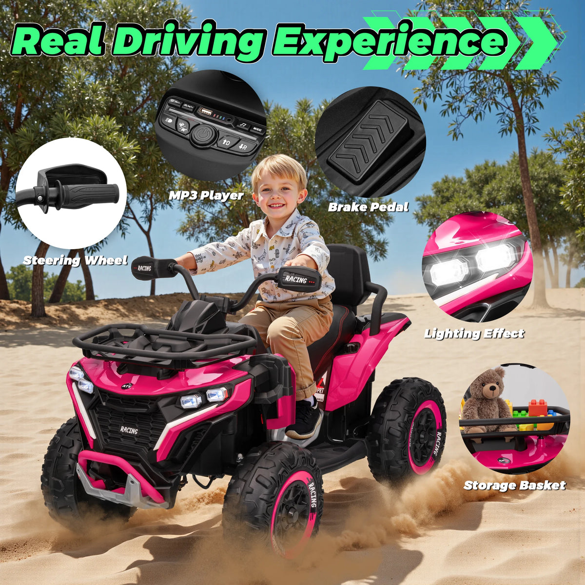 24V Ride on Car, Kids ATV XL Four Wheeler W/EVA Tires, 19-Inch Leather 2 Seater, 800W Motors