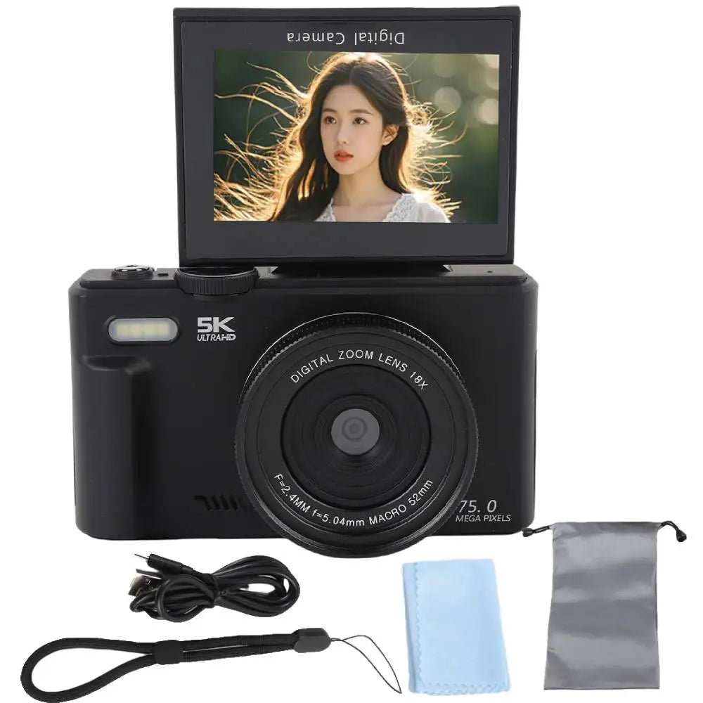 75MP Digital Camera 180° Flip Screen For Photography 5K 18X Digital Zoom