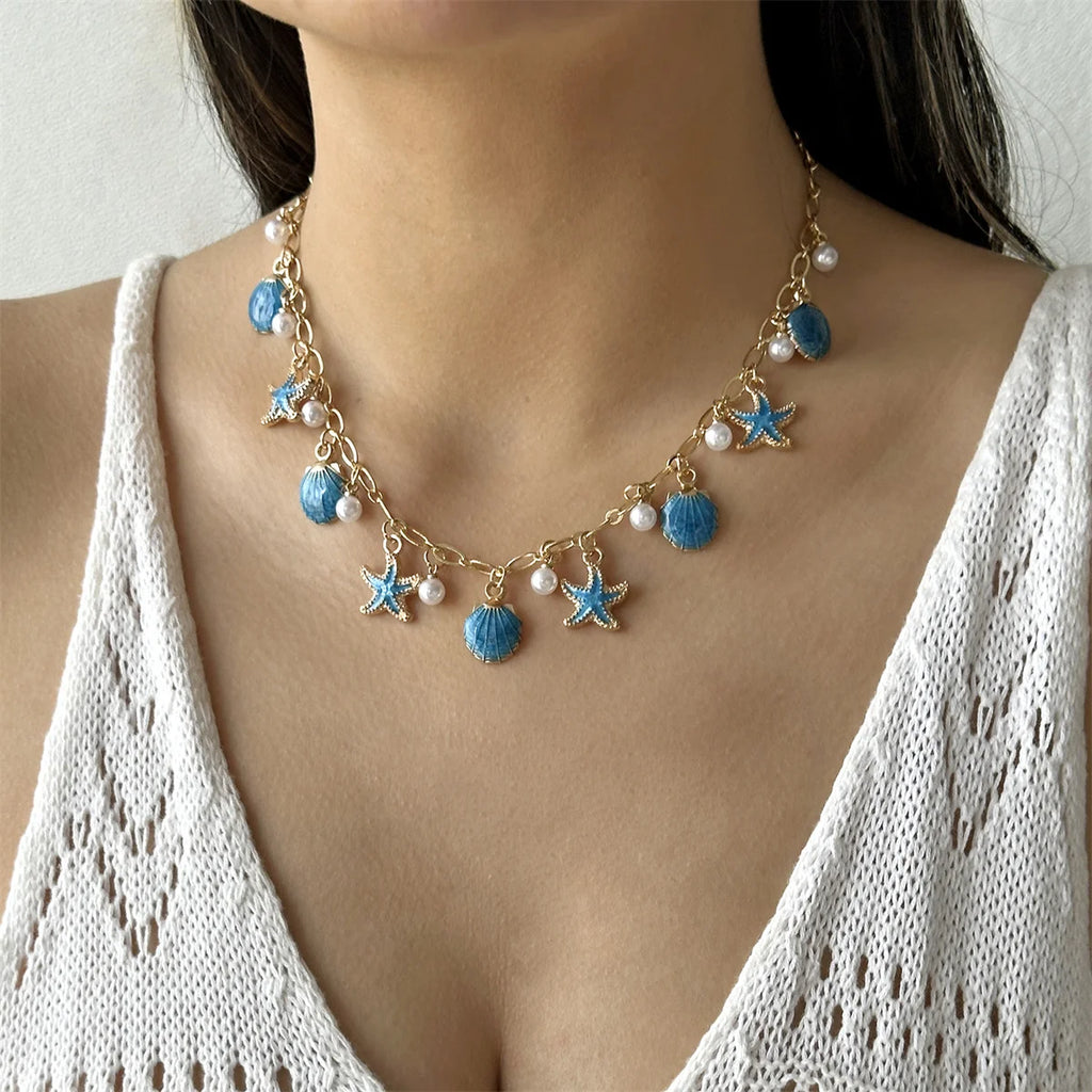 Boho Starfish Scallop Conch Pendant Necklace for Women Elegant Shell Pearl Tassel Metal Chain Choker Summer Beach Party Jewelry