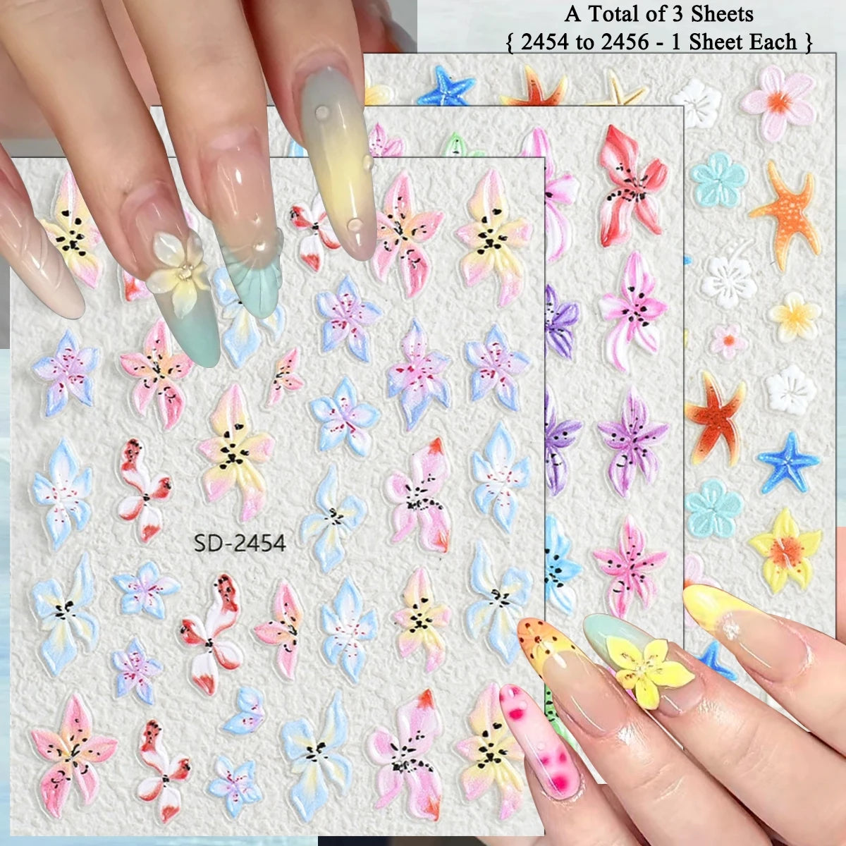 3 to 120 Sheets Tropical Flower Nail Stickers Hibiscus Butterfly Starfish
