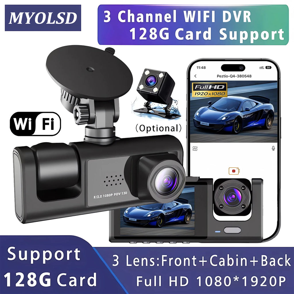 WIFI-3 Camera Dash Cam For Car Camera FHD 1080P Video Recorder Car DVR Front Rear View Camera Night Vision Black Box Car Dashcam