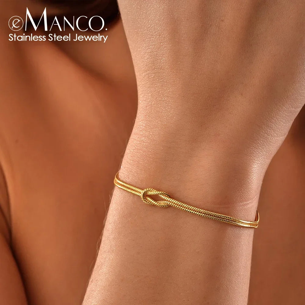 eManco Gold & Silver Stainless Steel Art Deco Knot Slim Snake Chain Bracelet Couple Social Art Jewelry