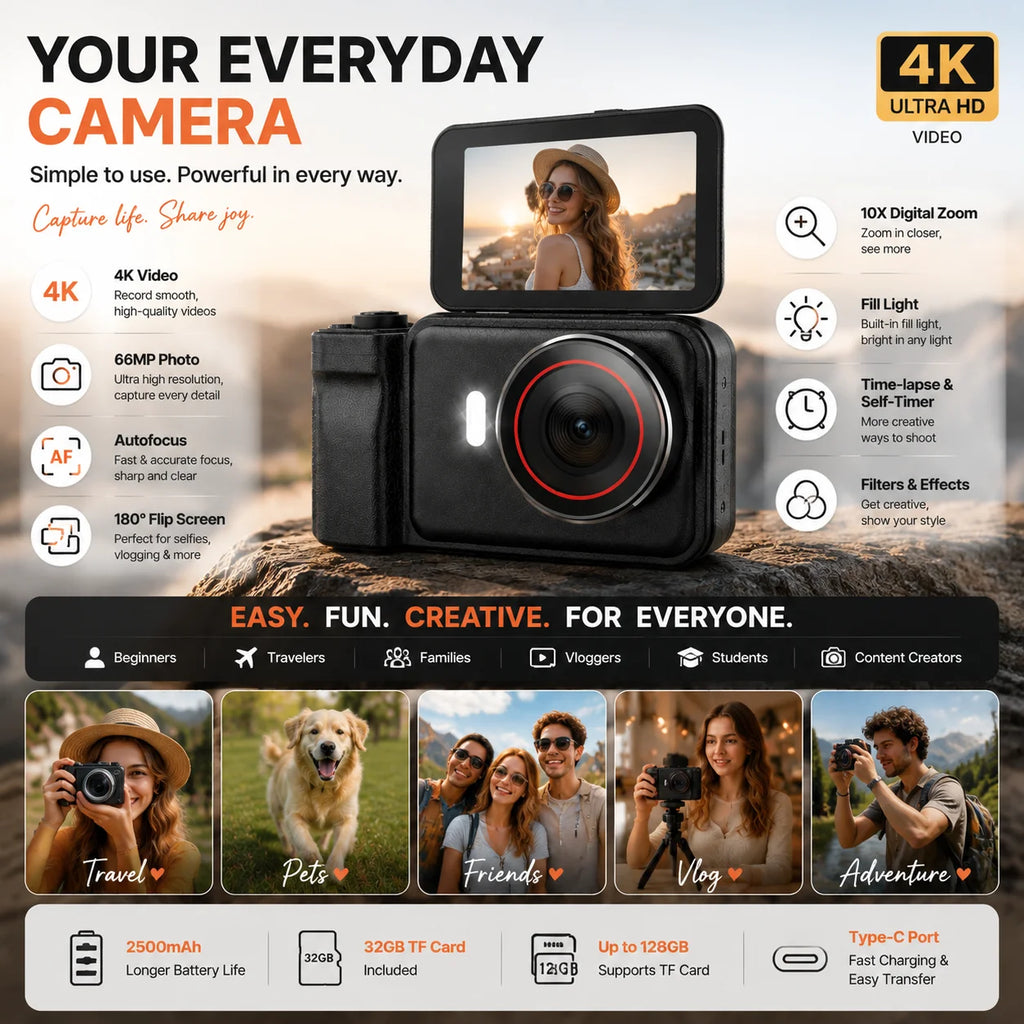 4K Digital Camera for Photography & Vlogging, 66MP Autofocus Camera with 180° Flip Screen, 10X Digital Zoom, 32GB TF Card Included, Type-C Rechargeable Compact Camera for Beginners, Travel & Everyday Use