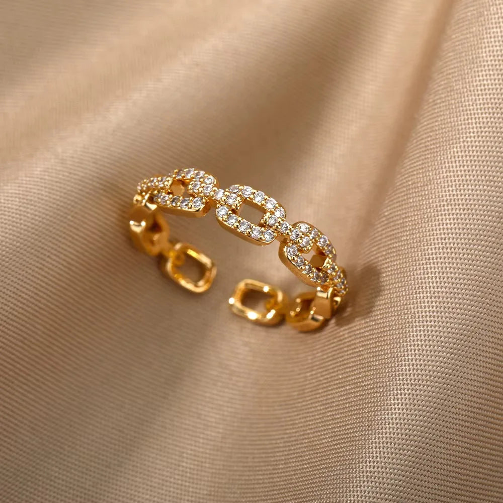 Gold Plated Stainless Steel Crystal Rings For Women Chain Geometry Zircon Finger Ring Jewelry Gift anillos mujer 2025 New Trendy