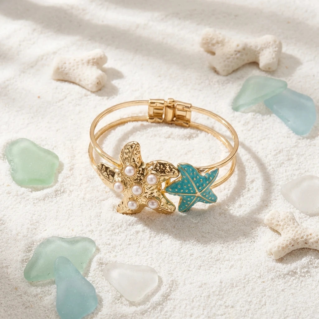 Design Sense Colorful Starfish Open Bangle for Women Elegant Imitation Pearls Starfish Cuff Bracelet Summer Ocean Jewelry