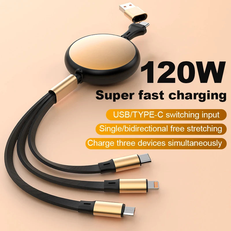 5A 120W 3 in 2 Fast USB C Cable for Huawei/Honor iPhone Samsung